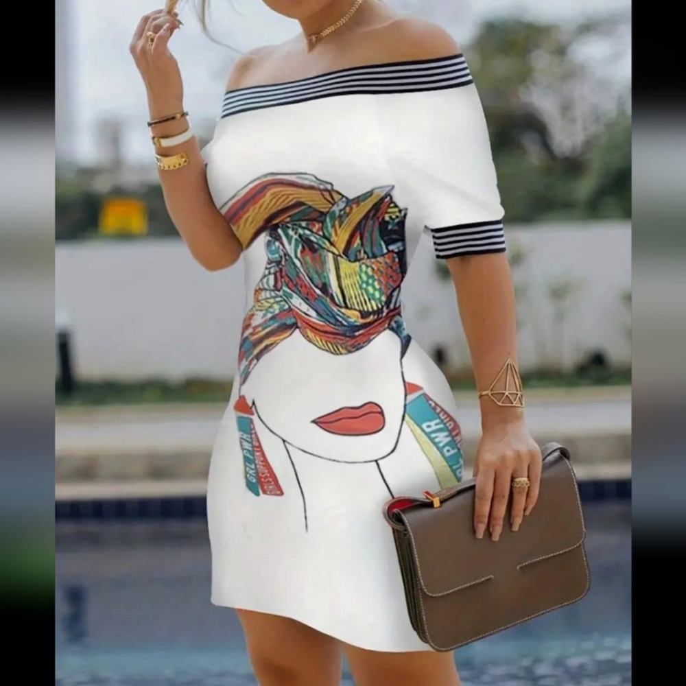 Mini Off The Shoulder Women Tropical Dresses Stripe Fitted Mini Bodycon Dress M